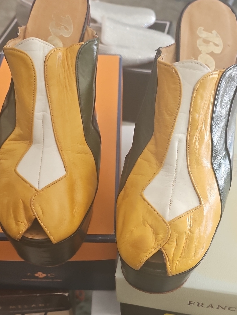 Women’s Yellow & White Leather Slip-On Mules